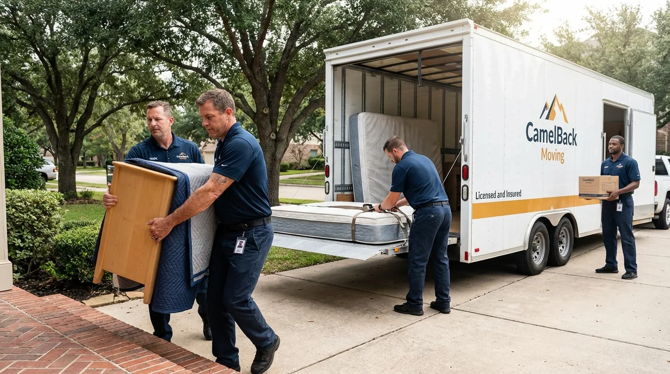 Crew loading residential truck for cross-state move from Boise City, OK