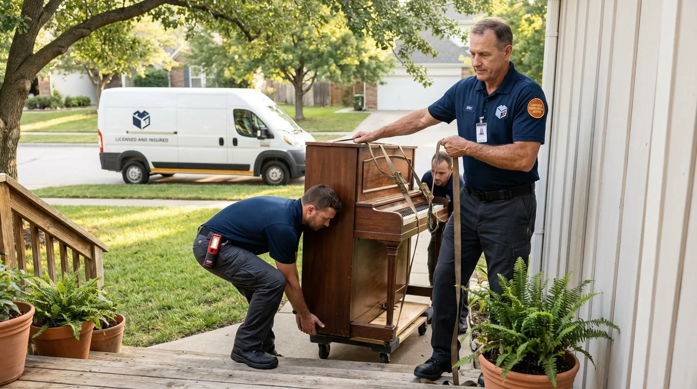 Licensed piano movers securing grand piano in Boise City, OK