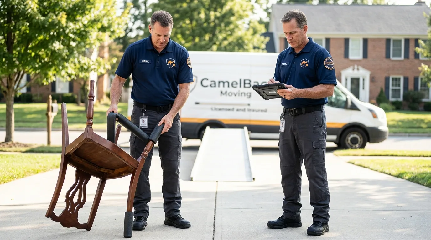 Movers inspecting furniture for damage prevention before loading in Boise City, OK