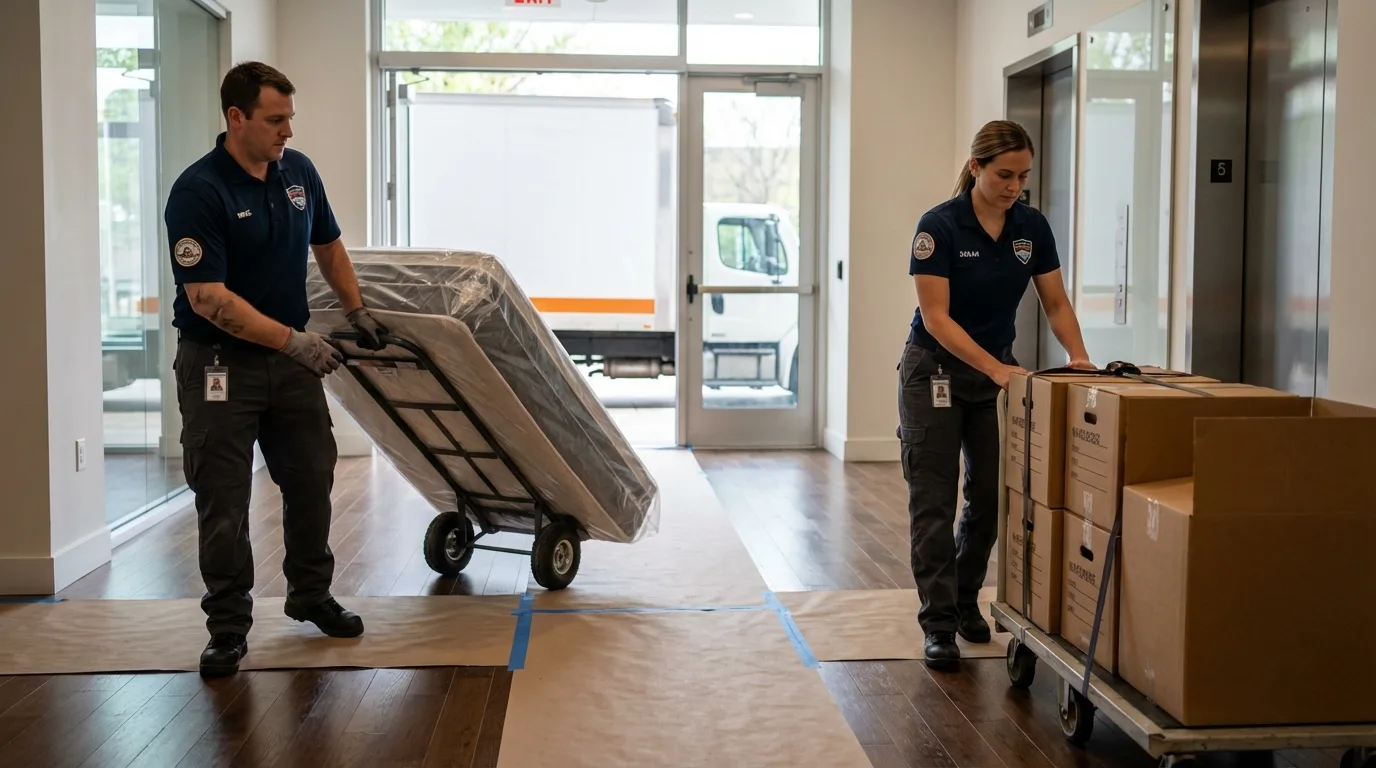Professional apartment movers loading elevator in Boise City, OK