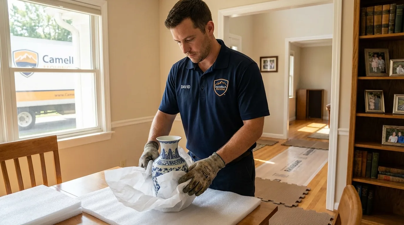 Professional crew carefully wrapping antique vase for senior downsizing move in Boise City, OK